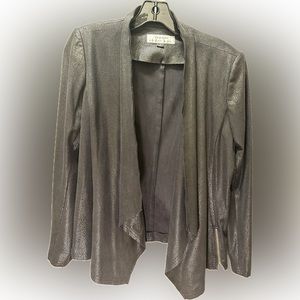 Tahari Women's Long Sleeves Black Shiny Metallic Faux Leather Shawl Cardigan